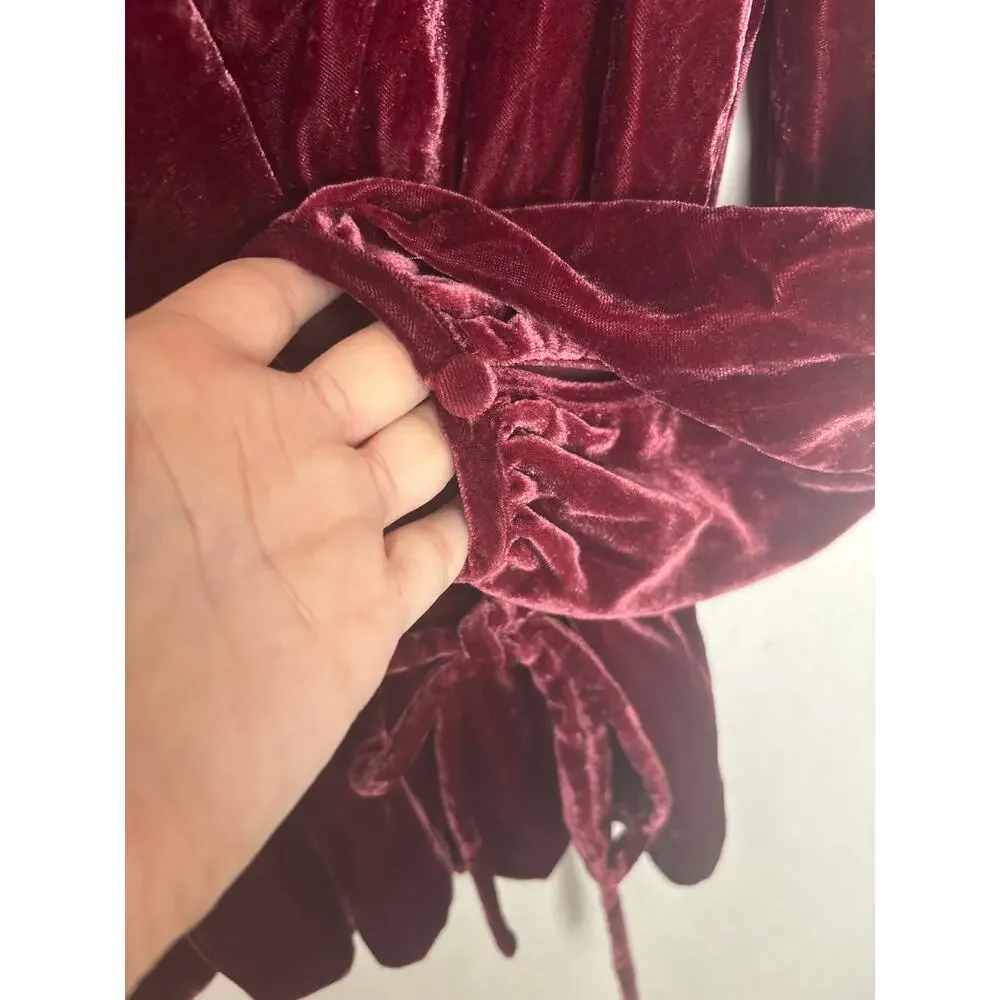 J.Crew Burgundy Velvet Wrap Style Peplum Top Tie Waist Long Sleeve Size 4